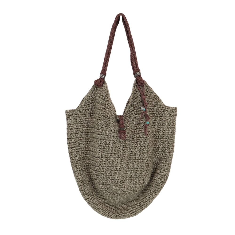 The Sak Happy & Free Crochet Woven Knit Shoulder Tote Bag Khaki Olive Boho